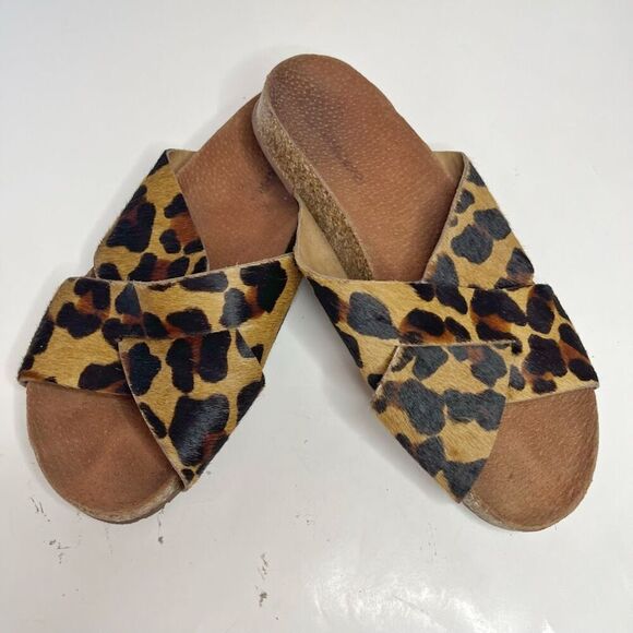 Anacapri Leather Leopard Print Pony Hair Criss Crop Wide Strappy Slip On Sandals - Picture 1 of 10